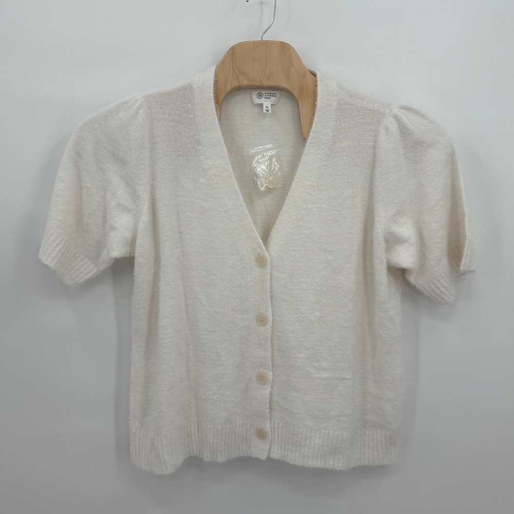 Candace Cameron Bure Womens XL Cream Fuzzy Short Sleeve Puff Cardigan A473307